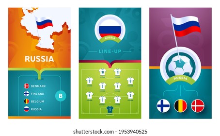 russia european 2020 football vertical banner set for social media. euro 2020 Russia group B banner with isometric map, pin flag, match schedule and line-up on soccer field