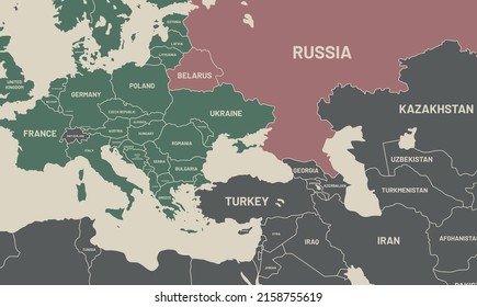 Rusia y los países europeos en un mapa mundial separados por colores diferentes. Representación de los límites de la posibilidad de una guerra con Rusia.