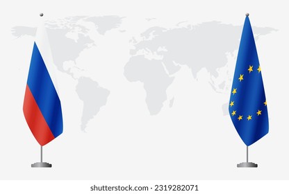 Russia and European Union flags for official meeting against background of world map.