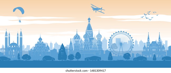 Russia famous landmark in back of car and street in scenery style silhouette design in blue and orange yellow color,vector illustration