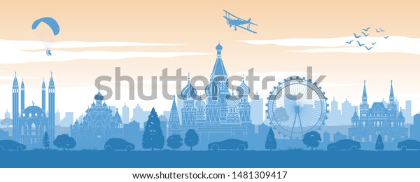 Russia famous landmark in back of car and\
street in scenery style silhouette design in blue and orange yellow\
color,vector\
illustration