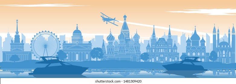 Russia famous landmark in back of river and yacht in scenery style silhouette design in blue and orange yellow color,vector illustration