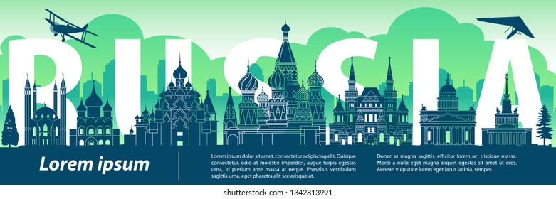 Russia famous landmark silhouette style,text within,travel and tourism,blue and green tone color theme,vector illustration