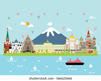 Russia Famous Landmarks Infographic Templates for Traveling Minimal Style and Icon, Symbol Set Vector Illustration Can be use for Poster Travel book, Postcard, Billboard.