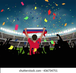 Russia fan stand up and hand flag in silhouette group to celebrate team won in soccer match on stadium background, with confetti in the night, design for sport template in vector illustration