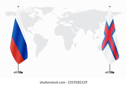 Russia and Faroe Islands flags for official meeting against background of world map.
