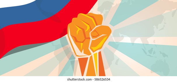 Russia fight and protest independence struggle rebellion show symbolic strength with hand fist illustration and flag