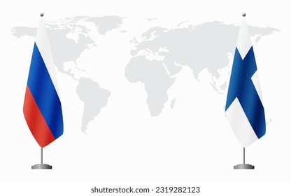 Russia and Finland flags for official meeting against background of world map.