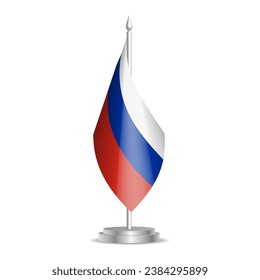 Russia flag - 3D mini flag hanging on desktop flagpole. Usable for summit or conference presentaiton. Vector illustration with shading.