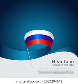 Russia flag background. Wavy ribbon in the color of the russian flag on a blue white background. National poster. Vector tricolor design. State russian patriotic banner, cover, flyer