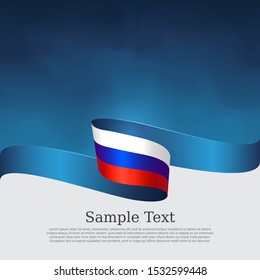 Russia flag background. Wavy ribbon in the color of the russian flag on a blue white background. National poster. Vector tricolor design. State russian patriotic banner, cover, flyer