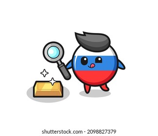 russia flag badge character is checking the authenticity of the gold bullion , cute style design for t shirt, sticker, logo element