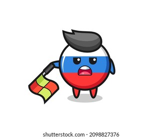 russia flag badge character as line judge hold the flag down at a 45 degree angle , cute style design for t shirt, sticker, logo element