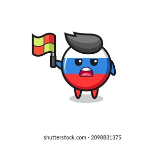 russia flag badge character as line judge putting the flag up , cute style design for t shirt, sticker, logo element