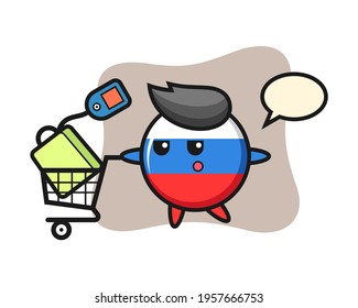 Russia flag badge illustration cartoon with a shopping cart, cute style design for t shirt, sticker, logo element