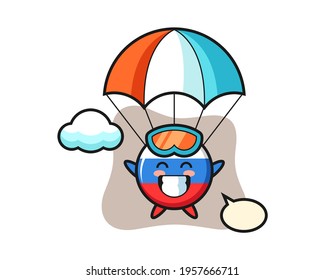 Russia flag badge mascot cartoon is skydiving with happy gesture, cute style design for t shirt, sticker, logo element