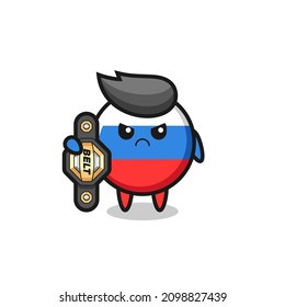 russia flag badge mascot character as a MMA fighter with the champion belt , cute style design for t shirt, sticker, logo element
