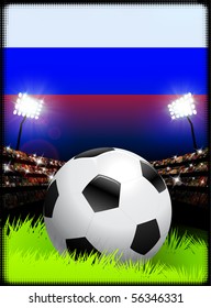 Russia Flag and Ball on Stadium Background Original Illustration