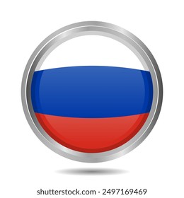 Botón de la bandera de Rusia aislado en blanco, ilustración 3D del símbolo de la bandera de Rusia, icono circular con superposición de resaltado, Vector editable y escalable EPS.
