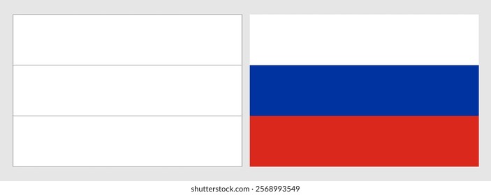 Russia flag - coloring page. Set of white wireframe thin black outline flag and original colored flag.