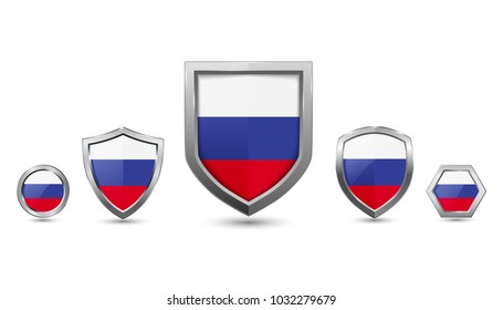 Russia flag country with metal shape shield badge vector illustration