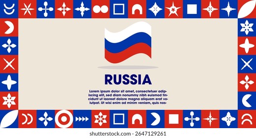Russia Flag Design banner with cultural design. Independence day design for Russia celebration. Modern neo geometric retro design with flag, showcasing national pride and heritage.