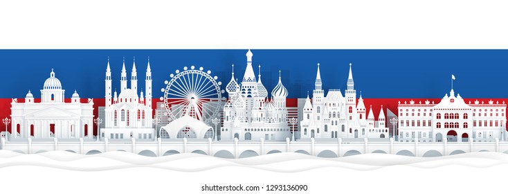 Russia flag and famous landmarks in paper cut style vector illustration. 