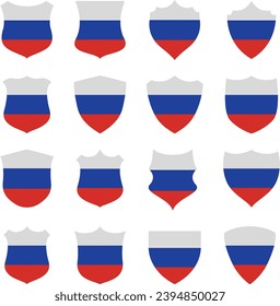 Russia flag - flat collection Badges. Flags of different shaped sixteen flat icons. Vector illustration set. 