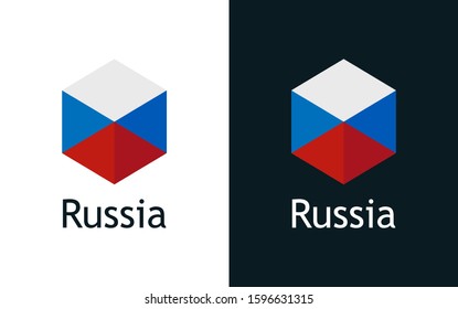 Russia flag in flat minimalism style on white and black, Vector Logo for Travel, Sport or Elections decoration. Creative illustration with caption fit into national design.