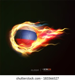 Russia flag with flying soccer ball on fire isolated black background, vector illustration