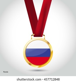 Russia Flag in gold Medal. Vector Illustration. RIO Olympic Game gold Medal. Vector Illustration