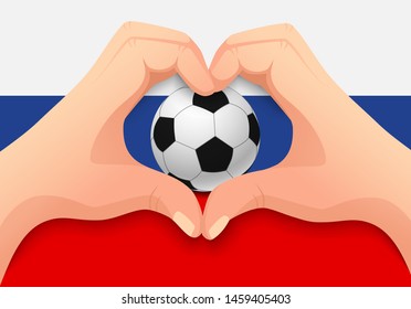 Russia flag and hand heart shape. National football background. Soccer ball with flag of Russia vector illustration