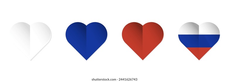 Russia flag in heart shape. Set of hearts with Russian flag colors. Vector illustration isolated on white background.