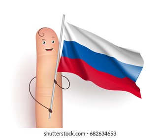Russia flag held by finger. Political and Cultural Studies concept. State holiday or sport occasion poster. Realistic vector illustration on white background