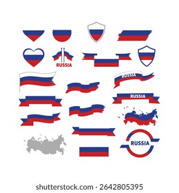 "Russia Flag Icon Set – Russian National Symbols with Map, Heart, Shield, and Waving Flag Designs in White, Blue, and Red"