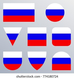 Russia flag icon set. Russian flag button or badge in different shapes. Vector illustration.