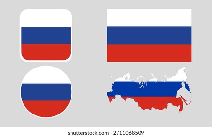 Russia Flag Icon Set in Square, Round, and Map Shapes. Clean Modern Collection. Perfect for use in apps, websites, presentations, infographics, educational materials, travel content.