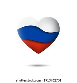 Russia flag icon in the shape of heart. Waving in the wind. Abstract waving flag of russia. Russian tricolor. Paper cut style. Vector symbol, icon, button