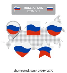 Russia flag icons set in the shape of square, heart, circle, stars and pointer, map marker. Mosaic map of russia. Waving in the wind. Russian flag. Vector symbol, icon, button