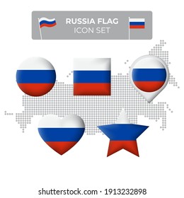 Russia flag icons set in the shape of square, heart, circle, stars and pointer, map marker. Mosaic map of russia. Russian flag. Vector symbol, icon, button