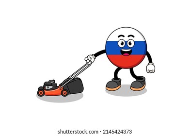 russia flag illustration cartoon holding lawn mower , character design