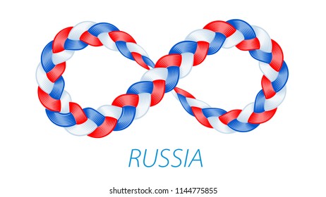 Russia flag as infinity twisted pigtail sign. Color flow from colorful weaving hairstyle isolated. Loop patriotic stripes. Vector illustration for print or web design.