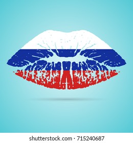 Russia Flag Lipstick On The Lips Isolated On A White Background. Vector Illustration. Kiss Mark In Official Colors And Proportions. Independence Day