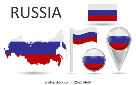 RUSSIA. Flag, map pointer, button, waving flag, symbol, flat icon and map in the colors of the national flag. Vector illustration of collection of national symbols on various objects. Vector EPS 10 