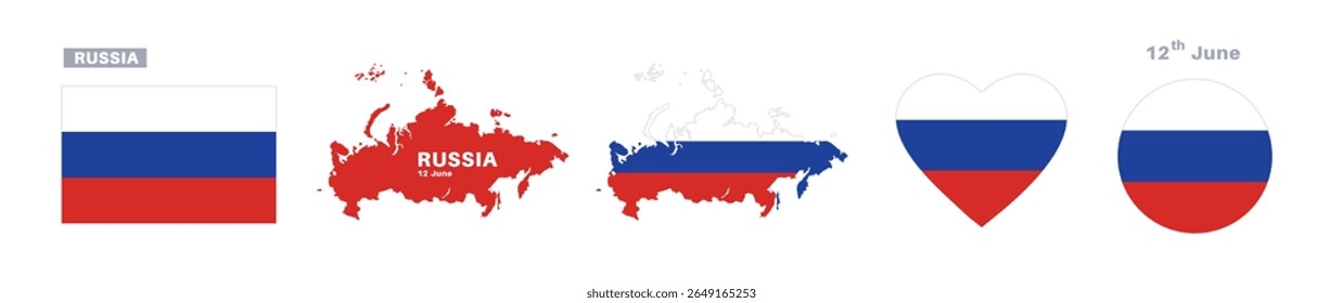russia flag and map set. russia flag in official colors and proportions. independence day 12 june, map, circle and heart shaped russia