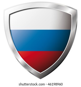 Russia flag on metal shiny shield vector illustration. Collection of flags on shield against white background. Abstract isolated object.