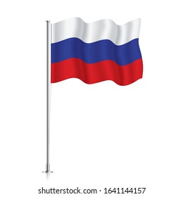 Russia flag on a metallic pole. Official flag of Russian Federation, isolated on a white background. Waving flag of Russia hanging on a pillar. Vector illustration.