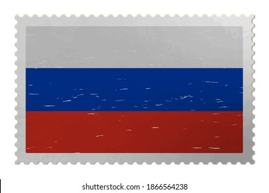 Russia flag on shabby postage stamp, vector