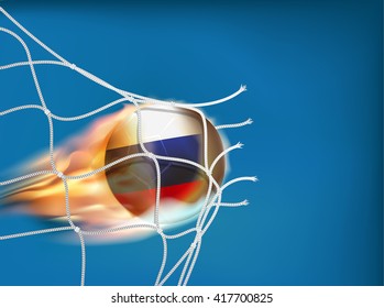 Russia flag on soccer ball goes through the net of goal in vector illustration, design for score in football with powerful shooting as a fire