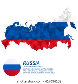 Russia flag overlay on Russia map with polygonal style.(EPS10 art vector)